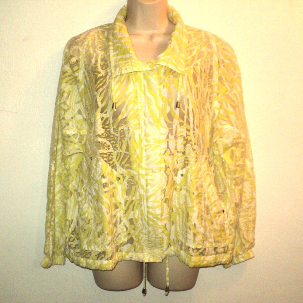 Chico's Size 2 Large Jacket Chartreuse (Yellow-Lime) Abstract Print Sheer Zi